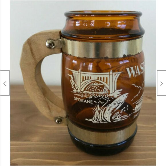 Vtg Beer Stein Amber Glass Mason Mug w/ Rustic Wood Handle Washington Mt Rainier - Picture 2 of 6